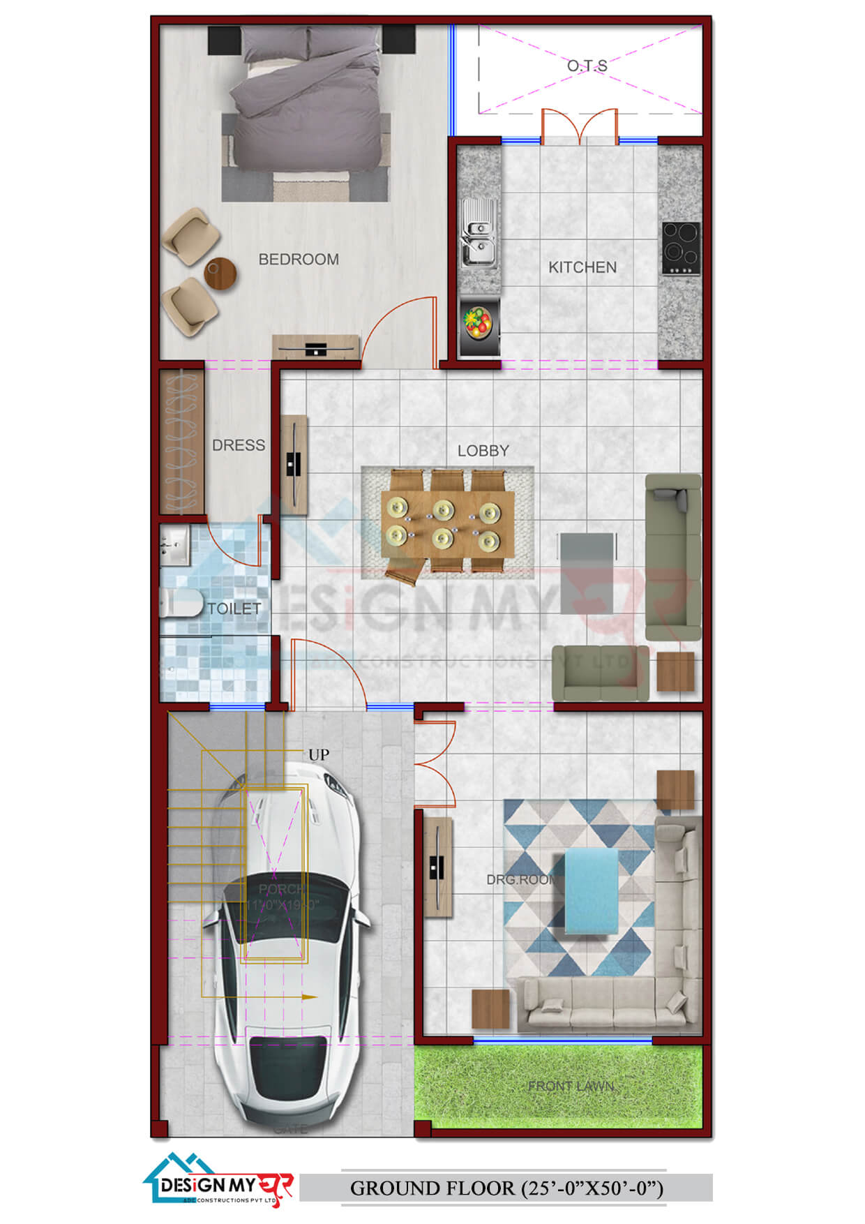 25X50 House Plan West Facing.