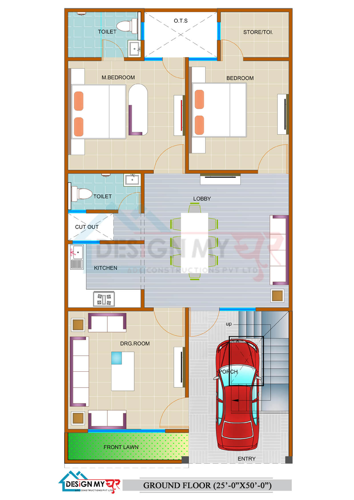 1250 Sq ft Duplex House Plan, 2 BHK, East Facing Floor plan with Vastu