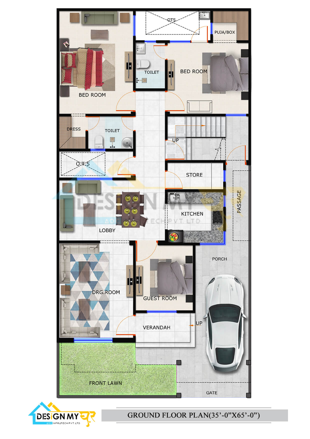 35X65 House Plan,South East Facing